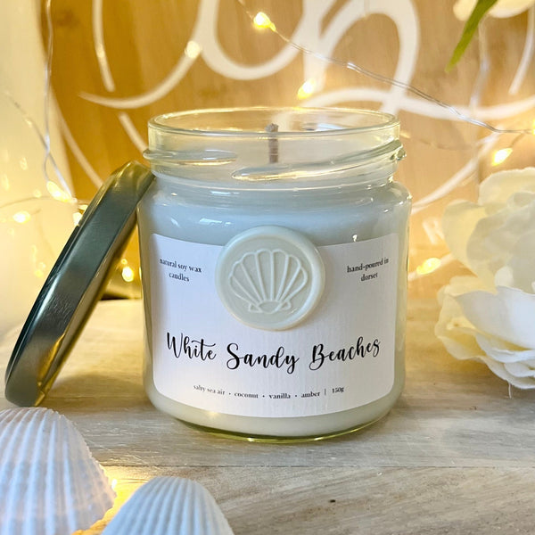 White Sandy Beaches Soy Wax Candle | 150g with candle cloche