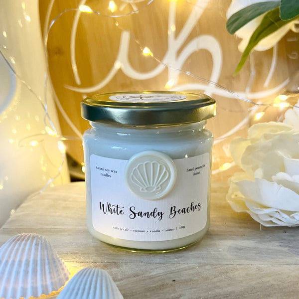 White Sandy Beaches Soy Wax Candle | 150g with candle cloche